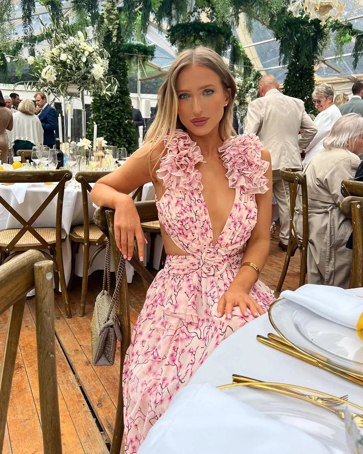 **Floral Maxi Dress for Women Fall Wedding Guest Dress with Cut-Out Detail**