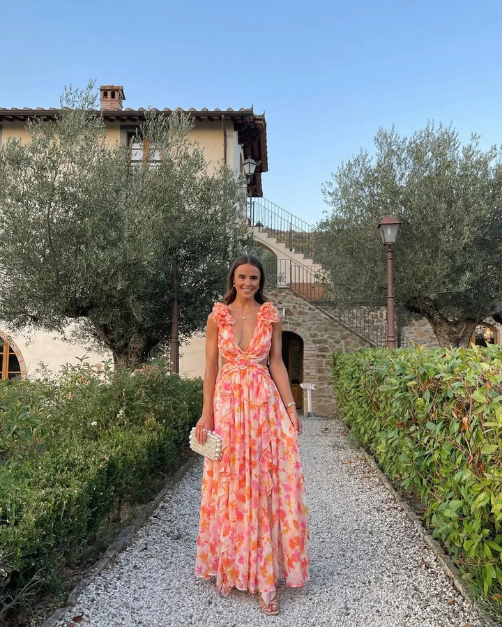 **Floral Maxi Dress for Women Fall Wedding Guest Dress with Cut-Out Detail**