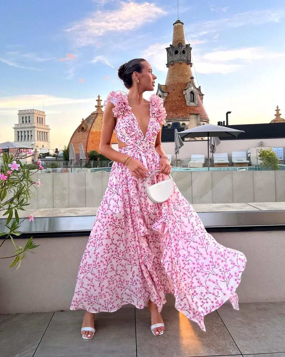 **Floral Maxi Dress for Women Fall Wedding Guest Dress with Cut-Out Detail**