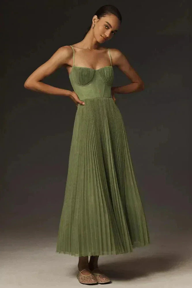 Pleated Midi Dress for Women Fall Wedding Guest Dress with Adjustable Straps