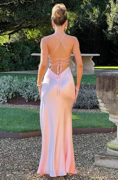 Satin Evening Maxi Dress for Women with V-Neck and Thin Straps for Fall