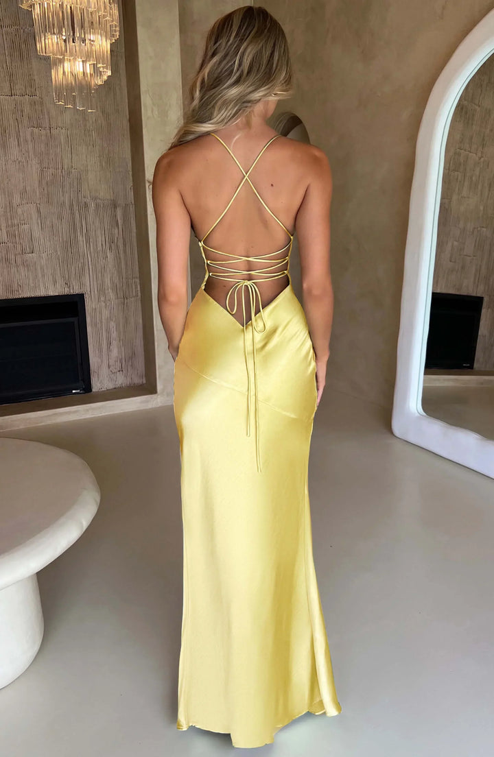 Satin Evening Maxi Dress for Women with V-Neck and Thin Straps for Fall