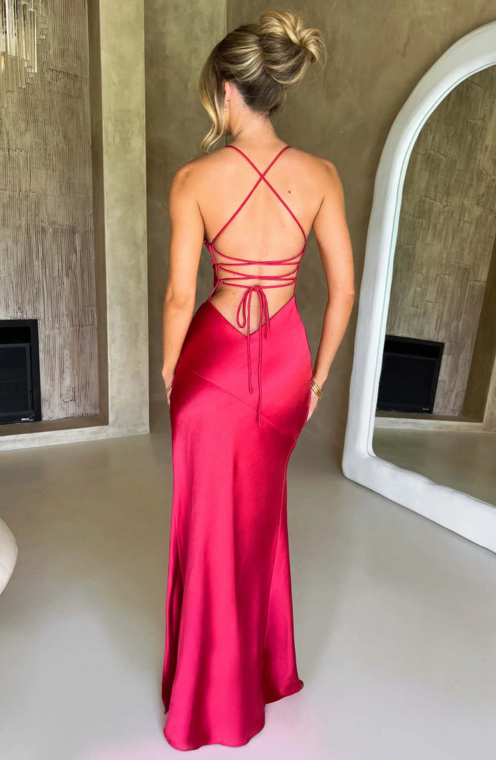 Satin Evening Maxi Dress for Women with V-Neck and Thin Straps for Fall