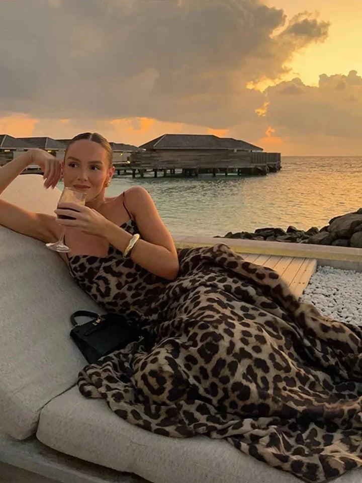 Leopard Maxi Dress for Women Fall Evening Dress with Thin Straps and Flowy Silhouette