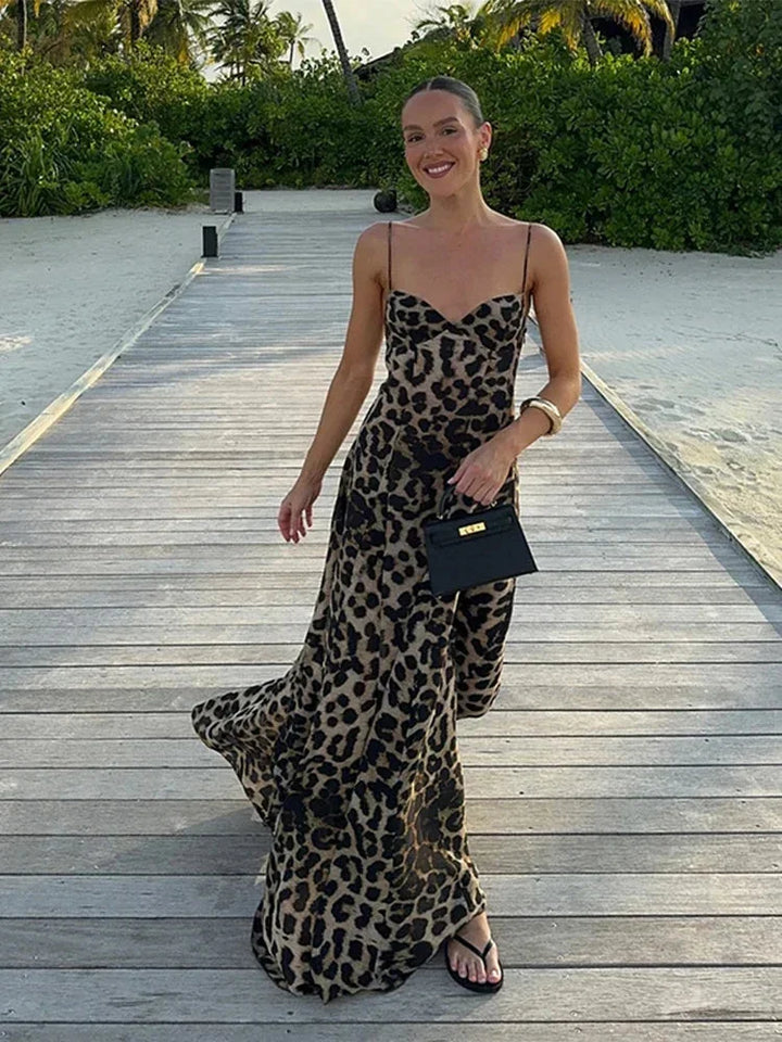 Leopard Maxi Dress for Women Fall Evening Dress with Thin Straps and Flowy Silhouette