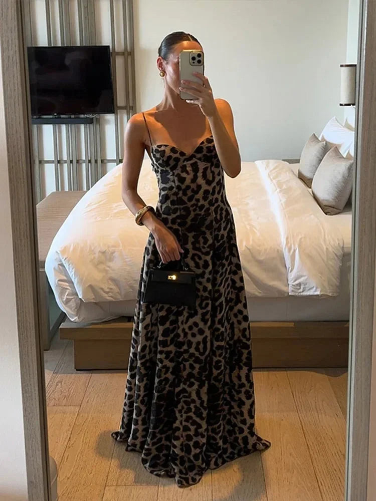 Leopard Maxi Dress for Women Fall Evening Dress with Thin Straps and Flowy Silhouette
