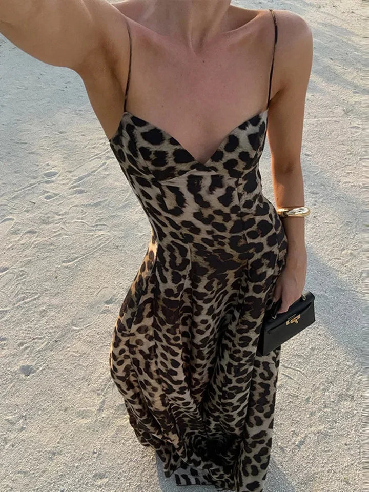 Leopard Maxi Dress for Women Fall Evening Dress with Thin Straps and Flowy Silhouette