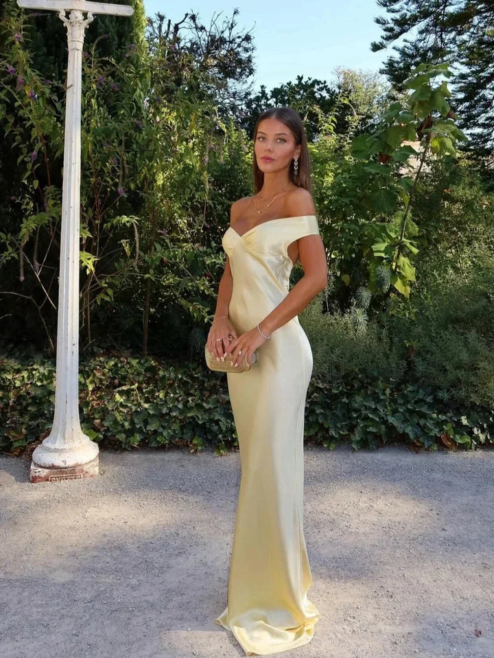 **Satin Off-the-Shoulder Maxi Dress for Women Fall Evening Dress with Elegant Drape**