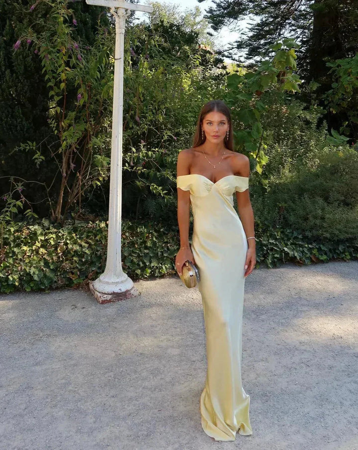 **Satin Off-the-Shoulder Maxi Dress for Women Fall Evening Dress with Elegant Drape**