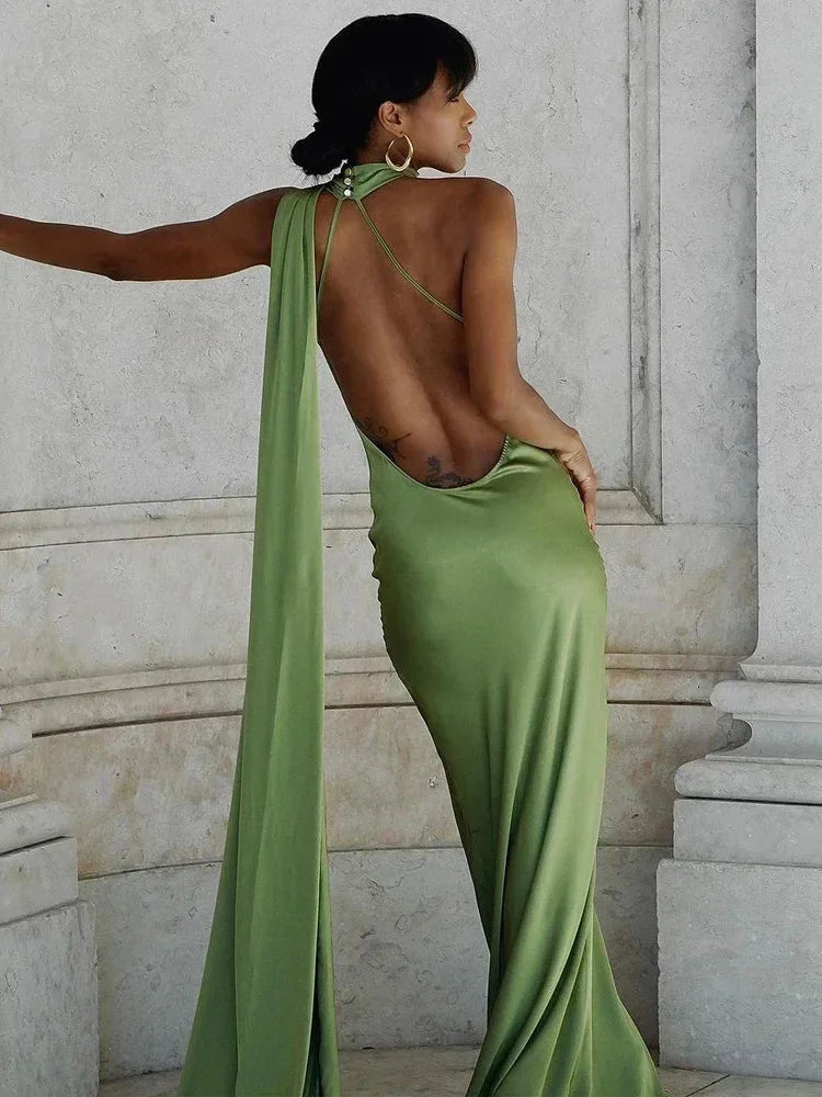 Satin Maxi Dress for Women Fall Evening Dress with One-Shoulder Neckline and Open Back