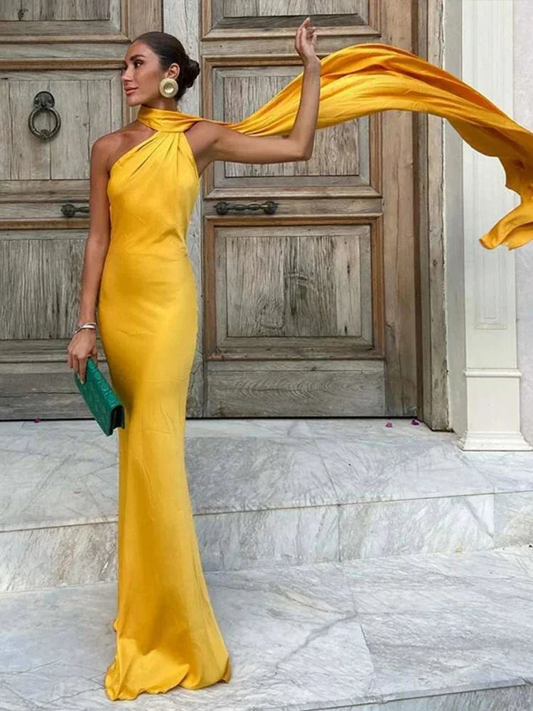 Satin Maxi Dress for Women Fall Evening Dress with One-Shoulder Neckline and Open Back