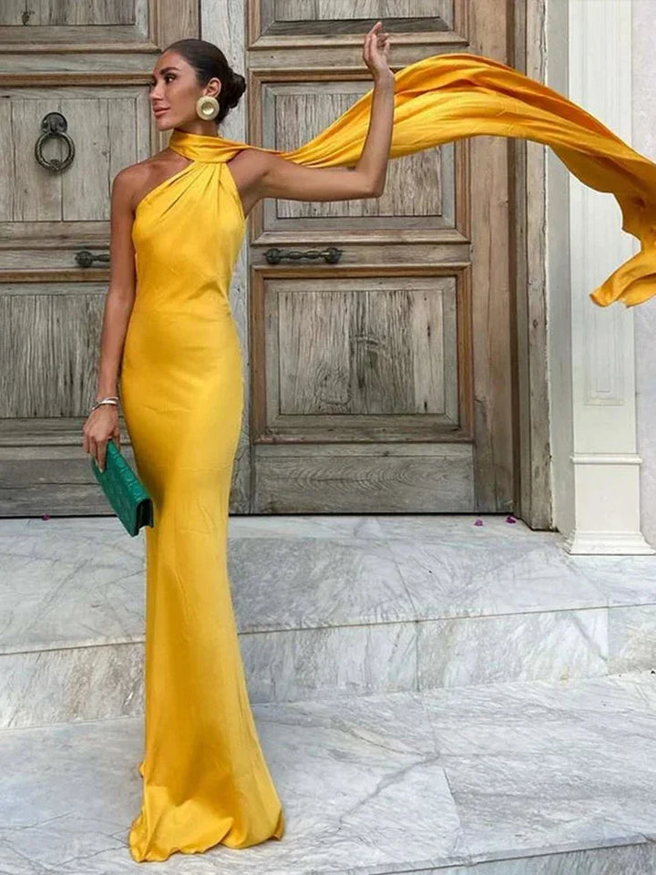 Satin Maxi Dress for Women Fall Evening Dress with One-Shoulder Neckline and Open Back