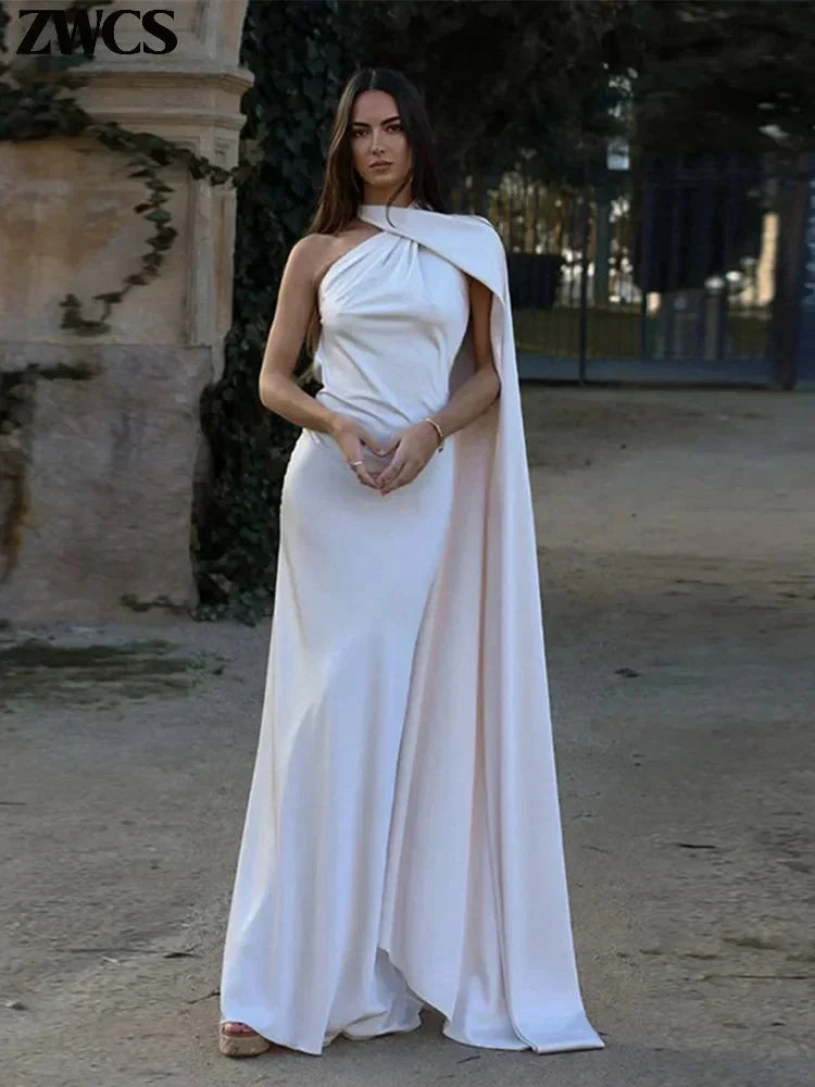 Satin Maxi Dress for Women Fall Evening Dress with One-Shoulder Neckline and Open Back