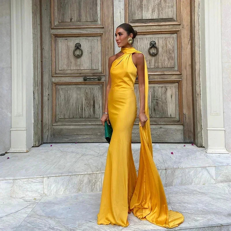 Satin Maxi Dress for Women Fall Evening Dress with One-Shoulder Neckline and Open Back