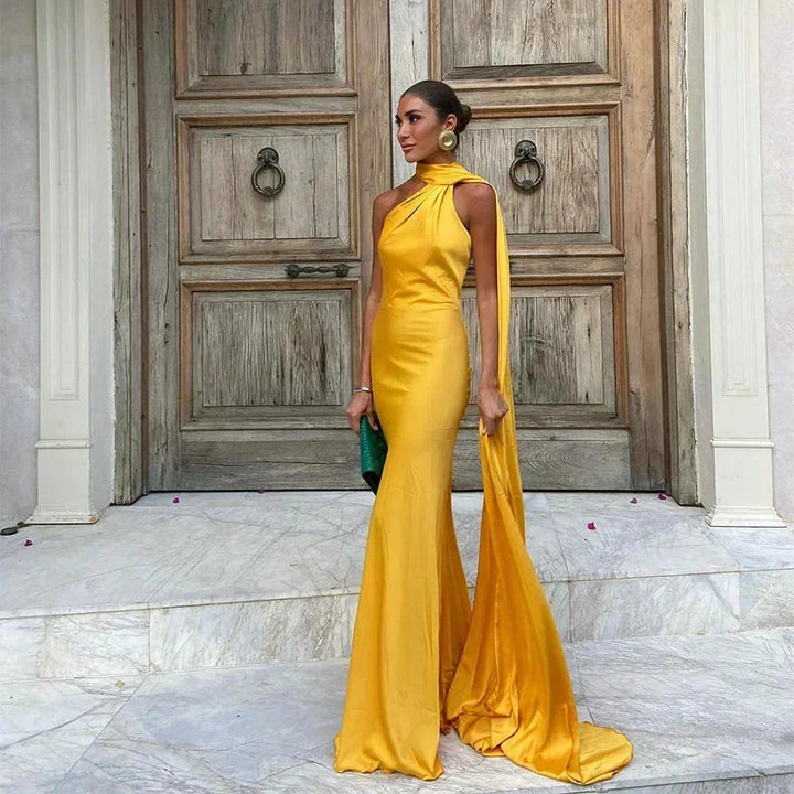 Satin Maxi Dress for Women Fall Evening Dress with One-Shoulder Neckline and Open Back