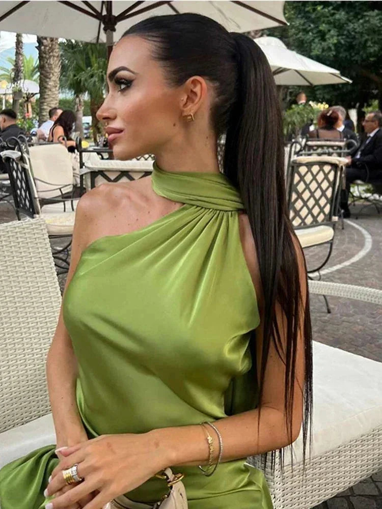 Satin Maxi Dress for Women Fall Evening Dress with One-Shoulder Neckline and Open Back