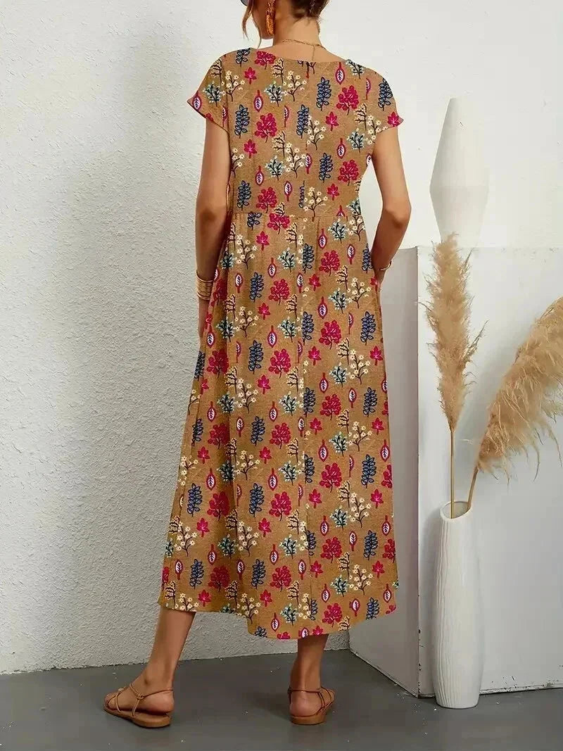 Cotton Midi Dress for Women Fall Floral Print Casual Dress in Breathable Cotton Fabric