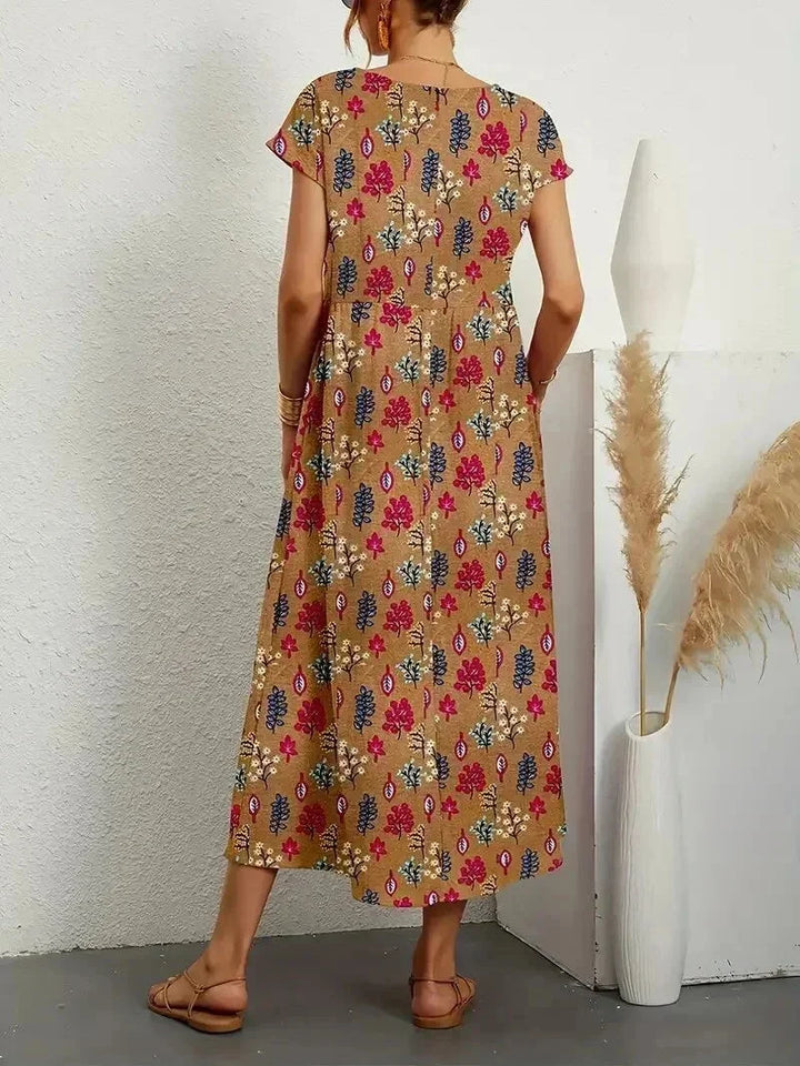 Cotton Midi Dress for Women Fall Floral Print Casual Dress in Breathable Cotton Fabric