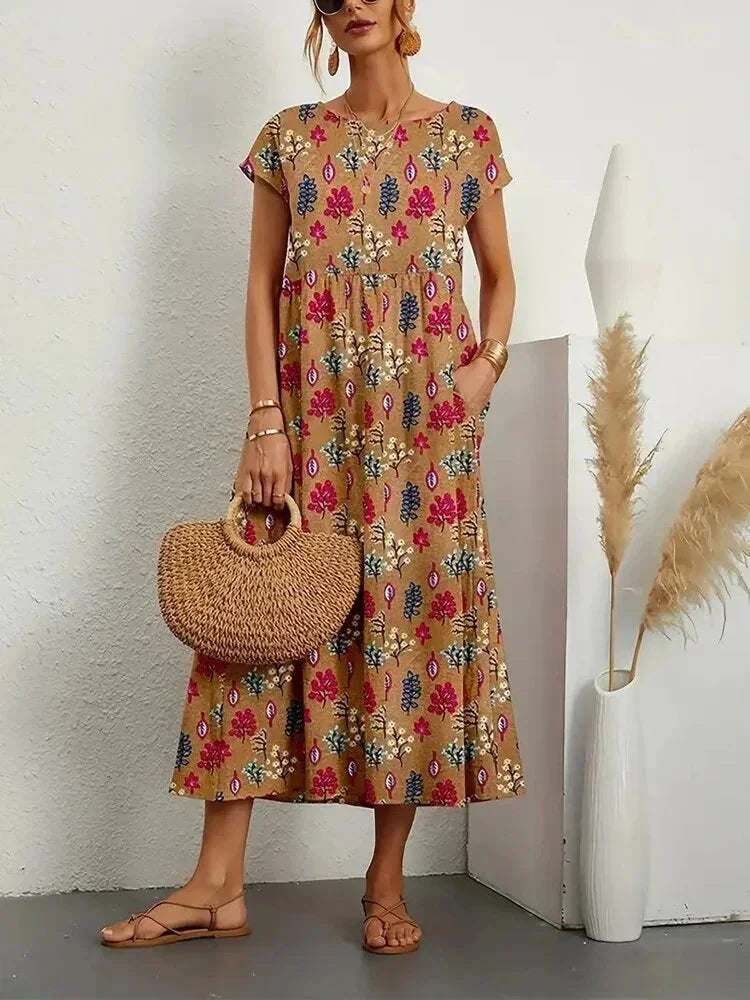 Cotton Midi Dress for Women Fall Floral Print Casual Dress in Breathable Cotton Fabric