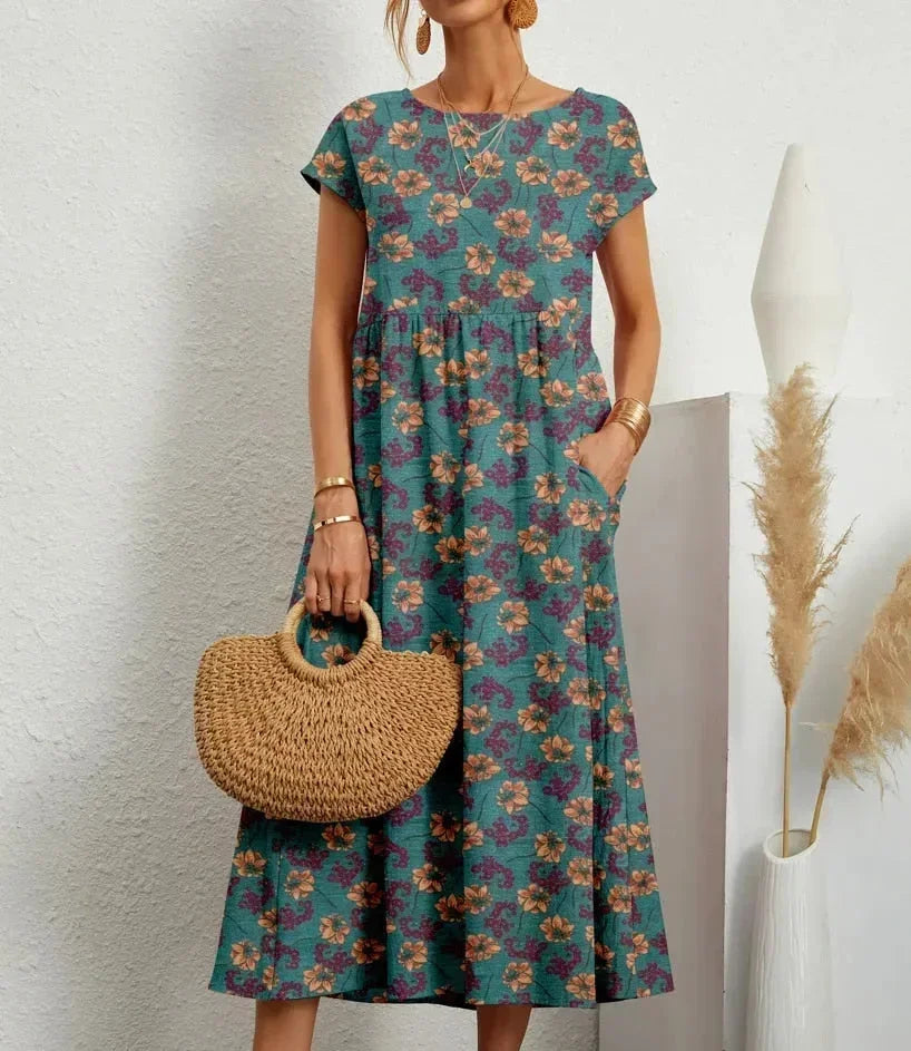 Cotton Midi Dress for Women Fall Floral Print Casual Dress in Breathable Cotton Fabric