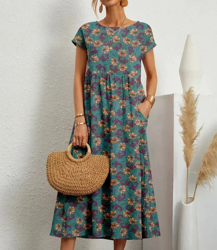 Cotton Midi Dress for Women Fall Floral Print Casual Dress in Breathable Cotton Fabric