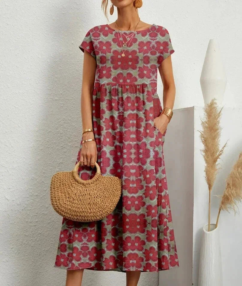 Cotton Midi Dress for Women Fall Floral Print Casual Dress in Breathable Cotton Fabric