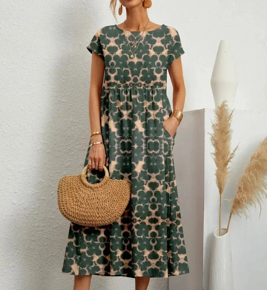 Cotton Midi Dress for Women Fall Floral Print Casual Dress in Breathable Cotton Fabric
