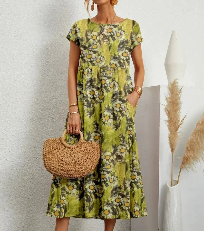 Cotton Midi Dress for Women Fall Floral Print Casual Dress in Breathable Cotton Fabric