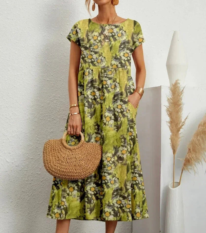 Cotton Midi Dress for Women Fall Floral Print Casual Dress in Breathable Cotton Fabric