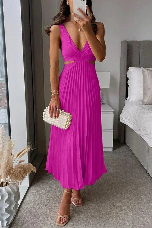Pleated Midi Dress for Women Fall Sleeveless V Neck Cutout Evening Dress for Special Occasions