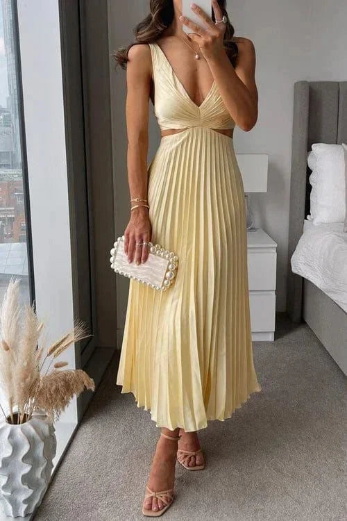 Pleated Midi Dress for Women Fall Sleeveless V Neck Cutout Evening Dress for Special Occasions