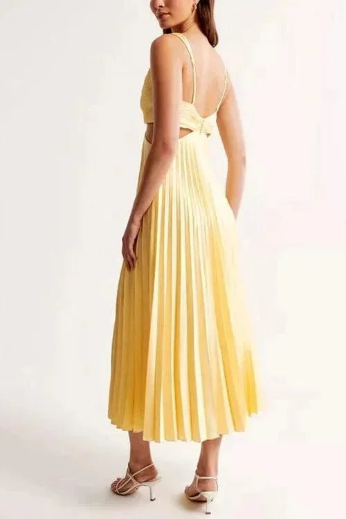 Pleated Midi Dress for Women Fall Sleeveless V Neck Cutout Evening Dress for Special Occasions