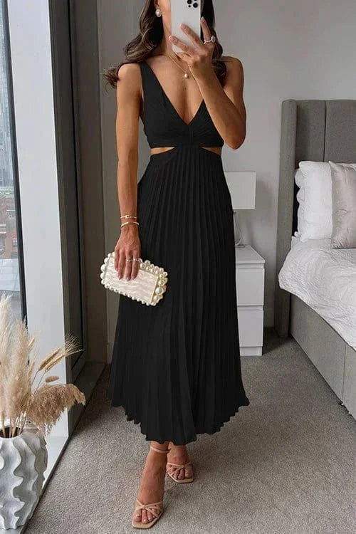 Pleated Midi Dress for Women Fall Sleeveless V Neck Cutout Evening Dress for Special Occasions