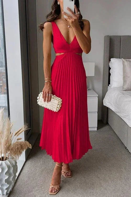 Pleated Midi Dress for Women Fall Sleeveless V Neck Cutout Evening Dress for Special Occasions