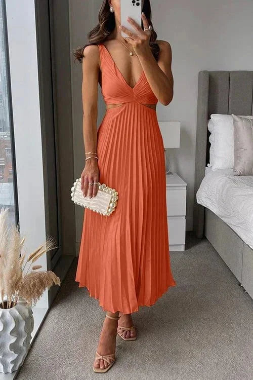 Pleated Midi Dress for Women Fall Sleeveless V Neck Cutout Evening Dress for Special Occasions