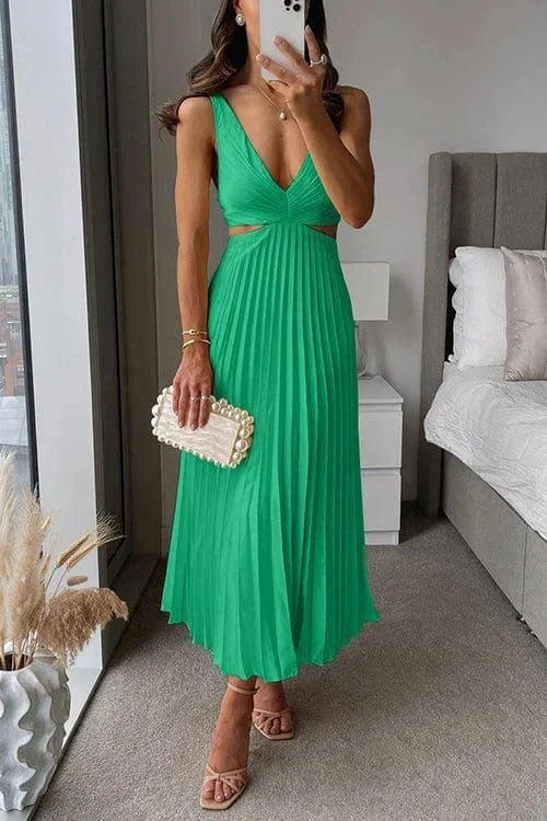Pleated Midi Dress for Women Fall Sleeveless V Neck Cutout Evening Dress for Special Occasions