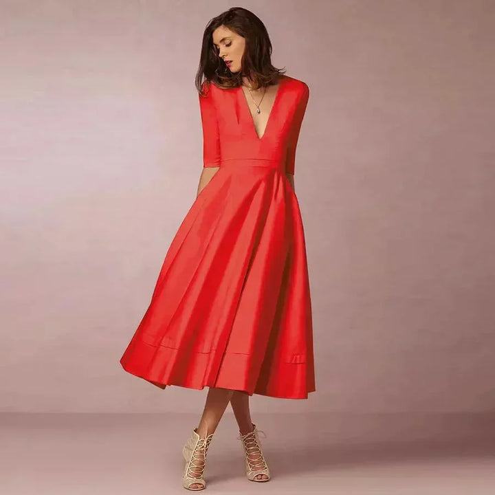 Flared Midi Dress for Women Fall Cotton A Line Dress with V Neck and Three Quarter Sleeves