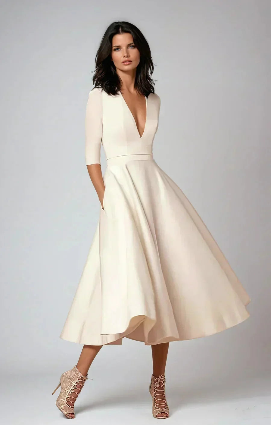 Flared Midi Dress for Women Fall Cotton A Line Dress with V Neck and Three Quarter Sleeves