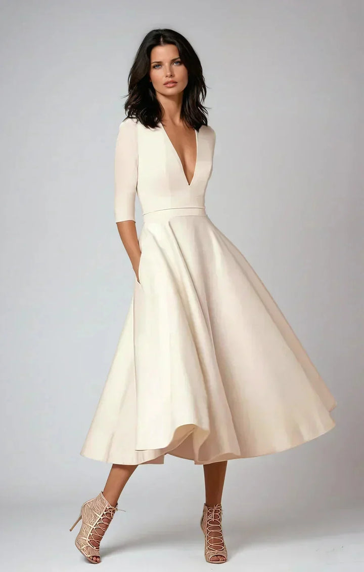 Flared Midi Dress for Women Fall Cotton A Line Dress with V Neck and Three Quarter Sleeves