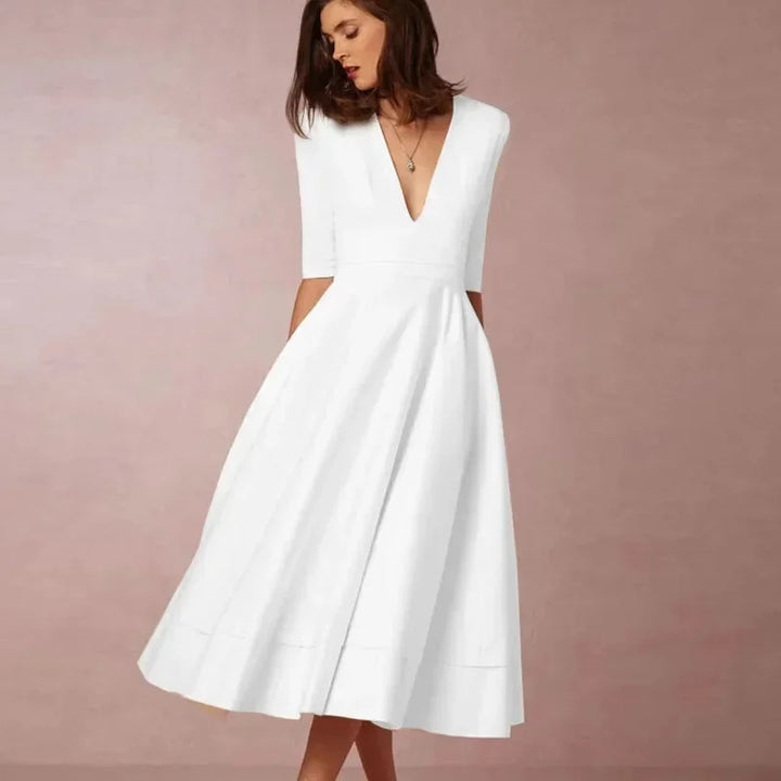 Flared Midi Dress for Women Fall Cotton A Line Dress with V Neck and Three Quarter Sleeves