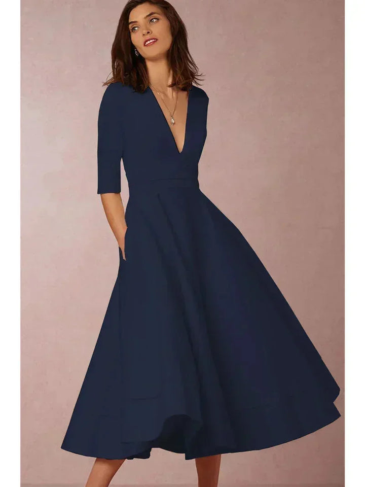 Flared Midi Dress for Women Fall Cotton A Line Dress with V Neck and Three Quarter Sleeves