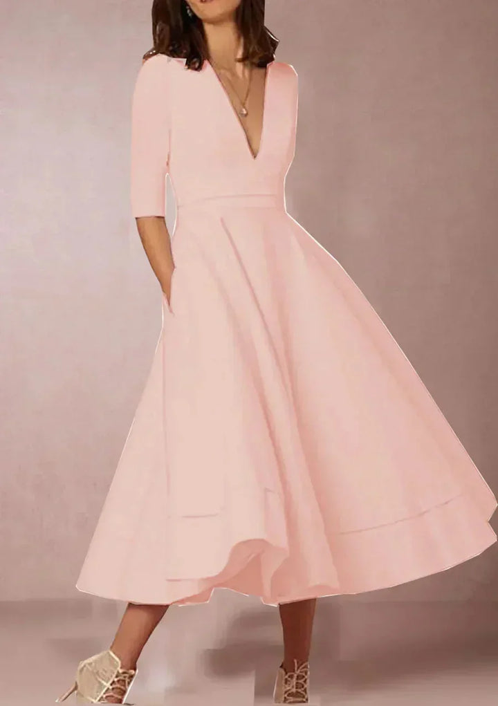 Flared Midi Dress for Women Fall Cotton A Line Dress with V Neck and Three Quarter Sleeves