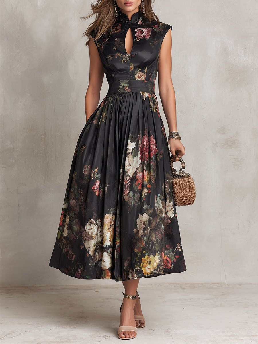 Women's Floral Print Midi Cocktail Dress with Keyhole Neckline