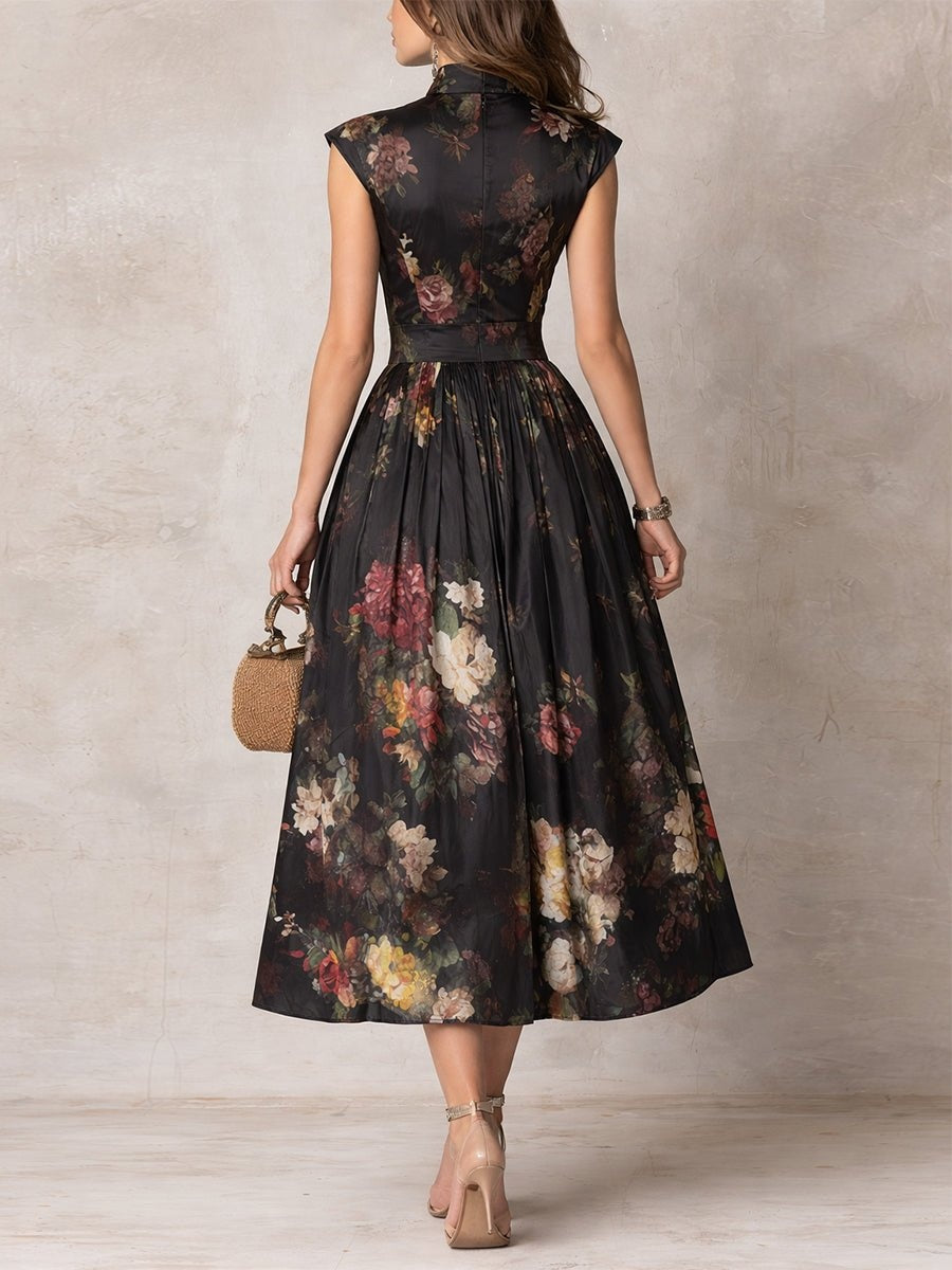 Women's Floral Print Midi Cocktail Dress with Keyhole Neckline