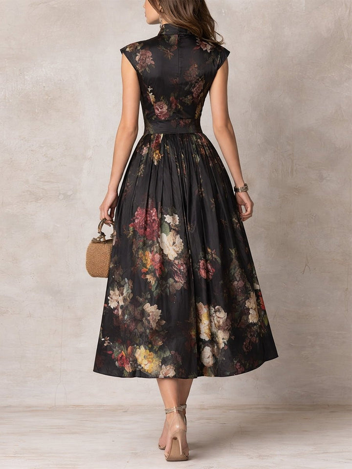 Women's Floral Print Midi Cocktail Dress with Keyhole Neckline