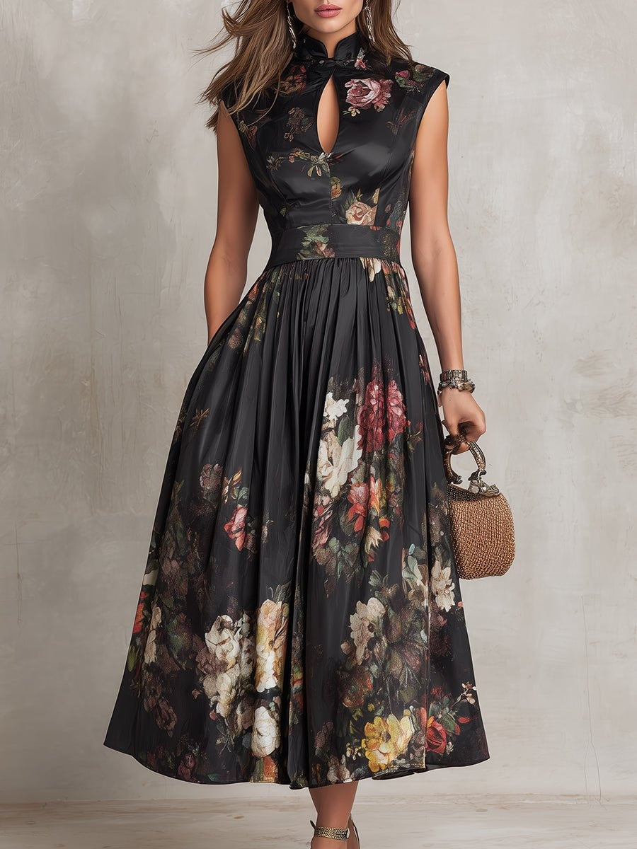 Women's Floral Print Midi Cocktail Dress with Keyhole Neckline