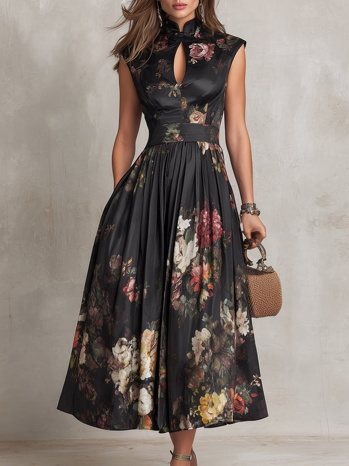 Women's Floral Print Midi Cocktail Dress with Keyhole Neckline
