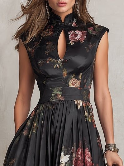 Women's Floral Print Midi Cocktail Dress with Keyhole Neckline