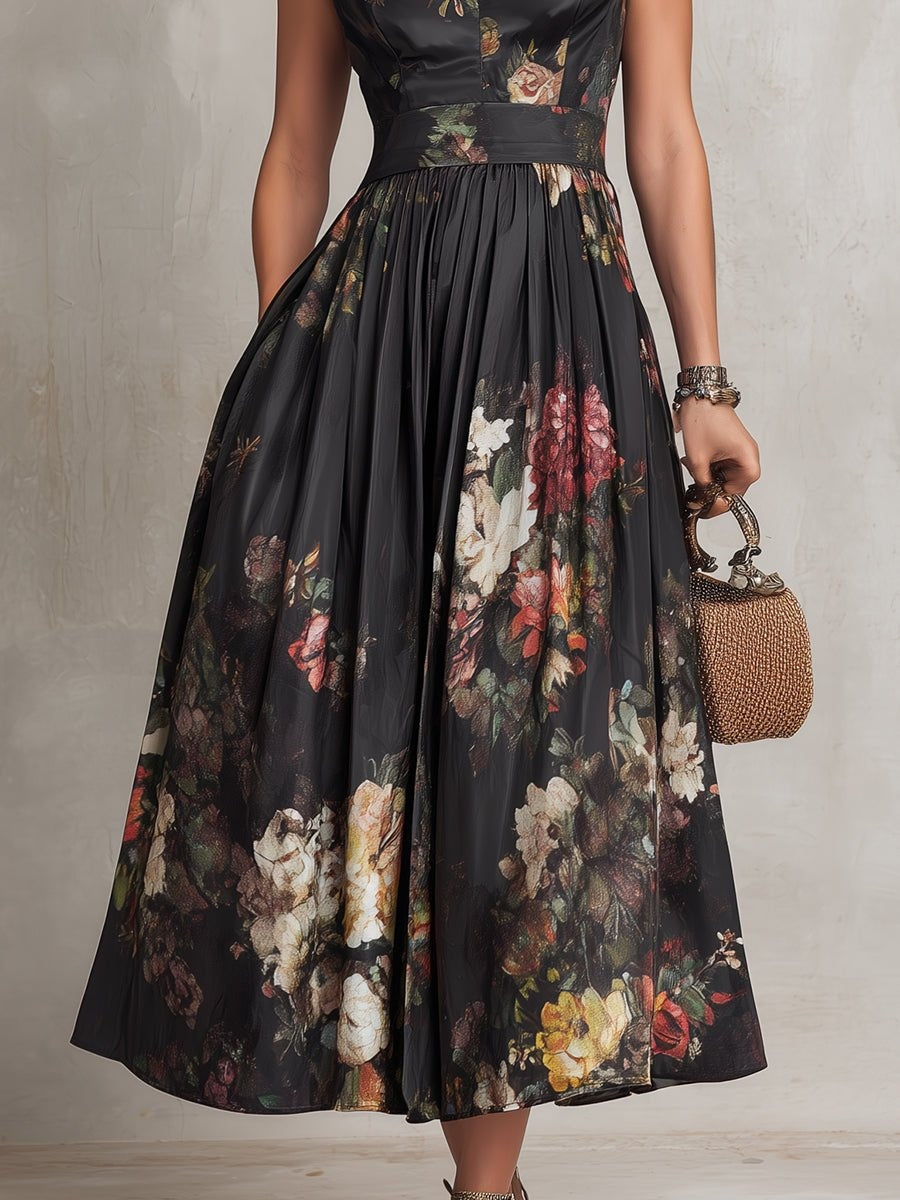 Women's Floral Print Midi Cocktail Dress with Keyhole Neckline