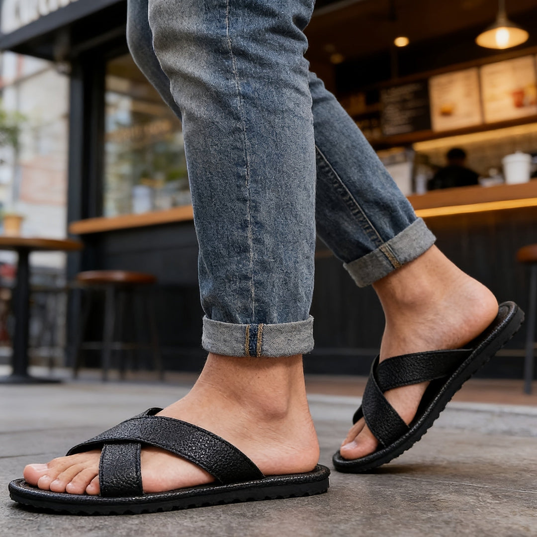 Men's Leather Slip On Cross Strap Sandals Autumn Casual Shoes